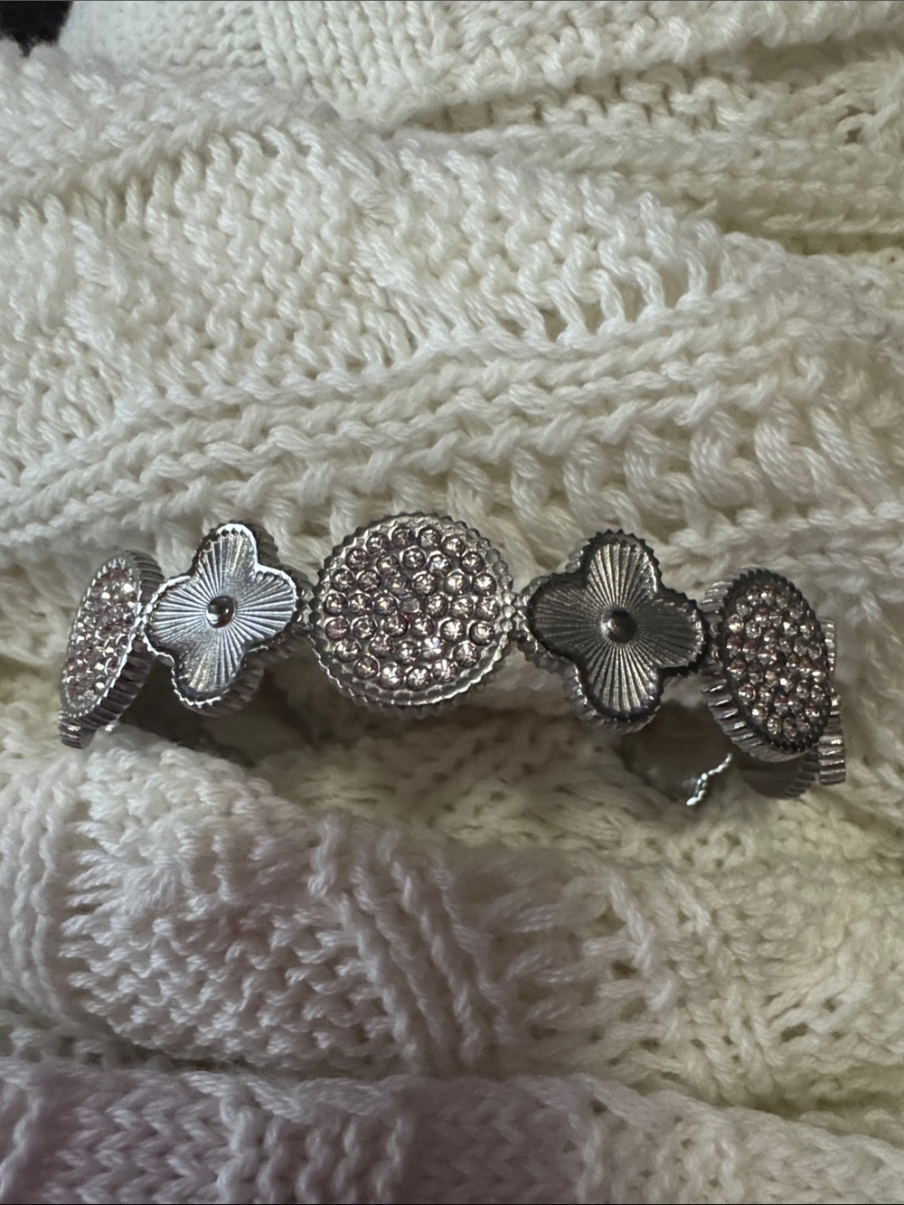 Stainless Flower & Pave Crystal Stretch Bracelet - Sparkling Floral  cuff Design